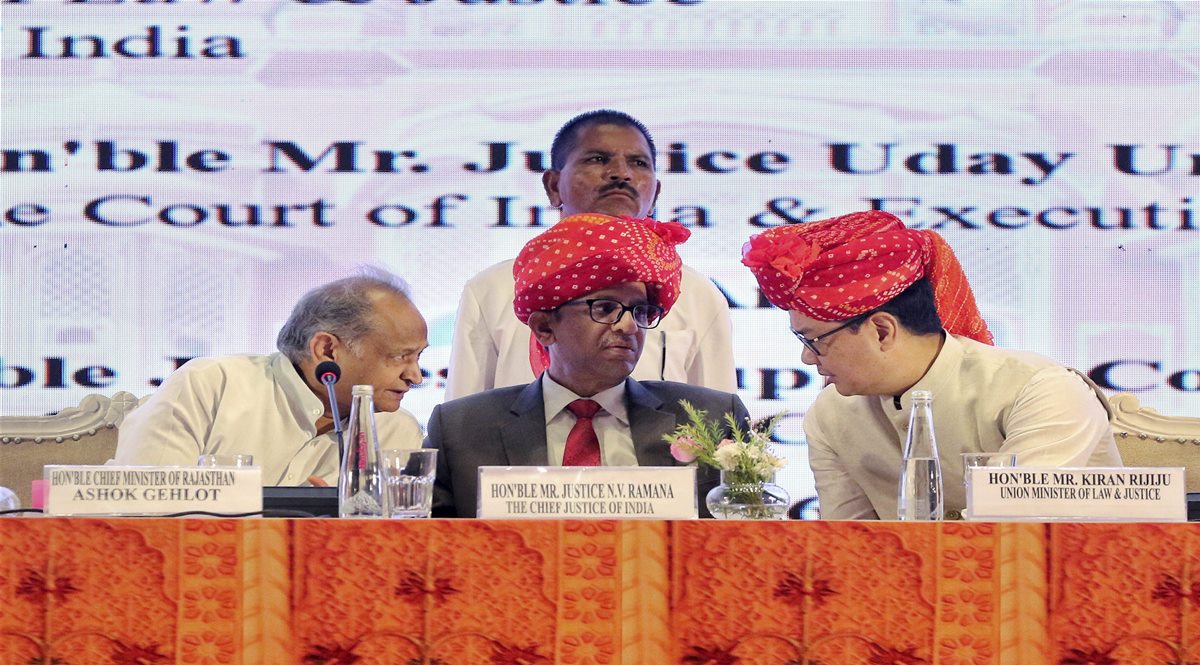 Rajasthan Chief Minister Ashok Gehlot, Chief Justice of India NV Ramana, Union Law & Justice Minister Kiren Rijiju (PTI Image)