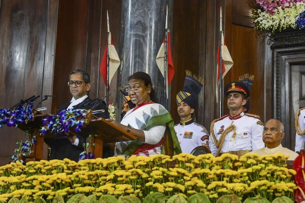 Droupadi Murmu was on Monday sworn in as India's 15th President at an impressive ceremony in the packed and historic Central Hall of Parliament. Hailing from the Santhal community, Murmu is the first tribal leader to assume the office of the President. (PTI Photo)