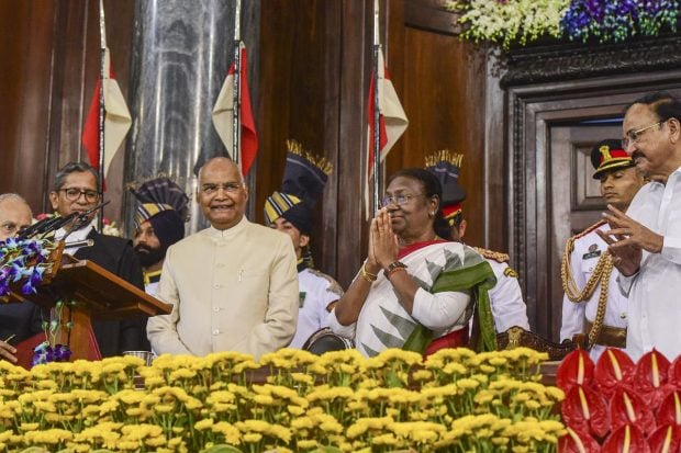 Chief Justice of India N V Ramana administered the oath of office to Murmu in the presence of Vice President M Venkaiah Naidu, Prime Minister Narendra Modi, Lok Sabha Speaker Om Birla, Union ministers, governors, Congress president Sonia Gandhi and a host of dignitaries. (PTI Photo)