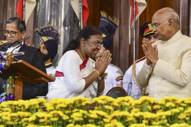 The oath-taking ceremony was marked by pomp and grandeur, and began with the arrival of outgoing President Ram Nath Kovind and Murmu in a procession from the Rashtrapati Bhavan to the Parliament Building. (PTI Photo)