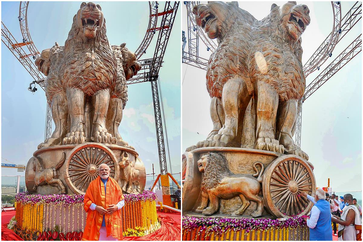 national emblem, new parliament building, pm modi unveils national emblem, parliament building, parliament, emblem