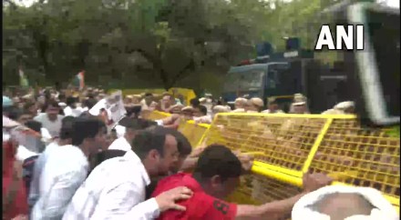 National Herald Case: Water cannons being used to disperse Congress protesters in Delhi. (ANI)
