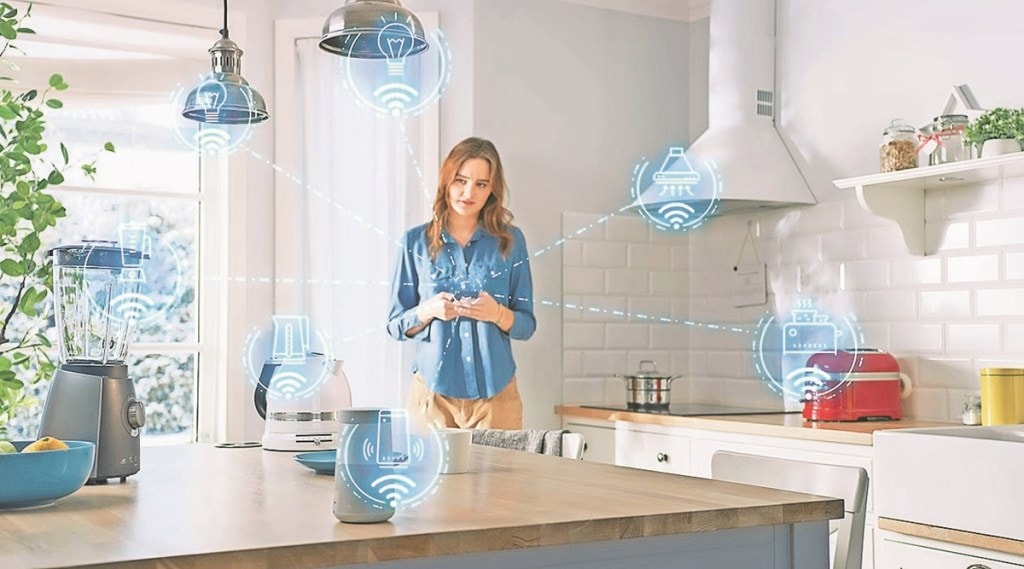 Internet of Things Concept: Young Woman Using Smartphone in Kitchen. She controls her Kitchen Appliances with IOT. Graphics Showing Digitalization Visualization of Connected Home Electronics Devices