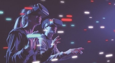 Metaverse VR virtual reality game playing, man and woman play metaverse virtual digital technology game control with VR goggle