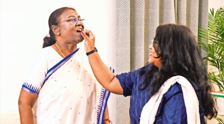President-elect Droupadi Murmu celebrates with her daughter Itishree in New Delhi on Thursday. PTI