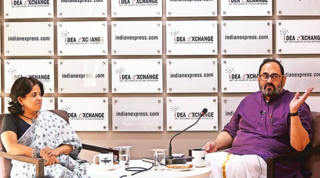 Rajeev Chandrasekhar in conversation with Liz Mathew, Deputy Political Editor, The Indian Express, at the Idea Exchange. Gajendra Yadav