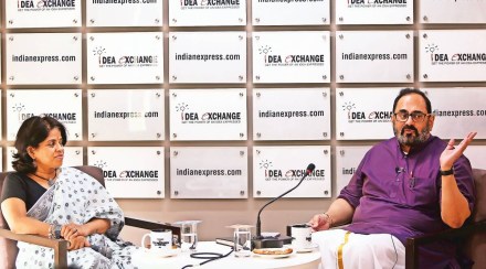 Rajeev Chandrasekhar in conversation with Liz Mathew, Deputy Political Editor, The Indian Express, at the Idea Exchange. Gajendra Yadav