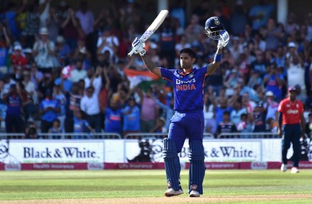 India's Suryakumar Yadav celebrates after reaching a century during the third T20 international cricket match between England and India at Trent Bridge in Nottingham, England. (AP/PTI image)