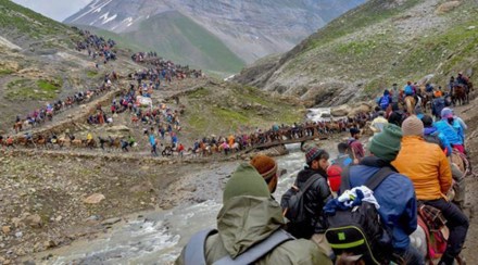 The annual 43-day pilgrimage commenced from the twin base camps -- Nunwan-Pahalgam in south Kashmir's Anantnag and Baltal in central Kashmir's Ganderbal -- on June 30. (File photo: IE)