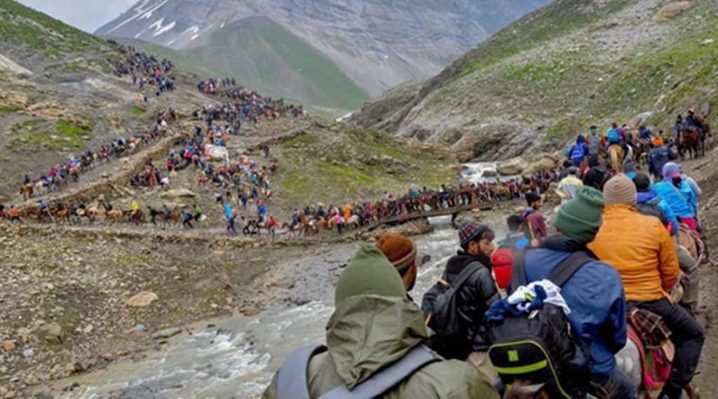 The annual 43-day pilgrimage commenced from the twin base camps -- Nunwan-Pahalgam in south Kashmir's Anantnag and Baltal in central Kashmir's Ganderbal -- on June 30. (File photo: IE)