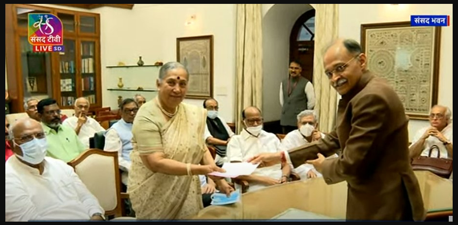 Margaret Alva is pitted against NDA's VP pick Jagdeep Dhankar. (Photo Courtesy: Sansad TV) Margaret Alva is pitted against NDA's VP pick Jagdeep Dhankar. (Photo Courtesy: Sansad TV)