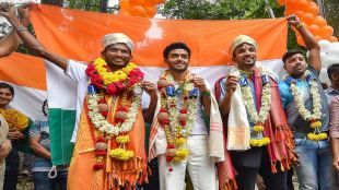 CWG 2022 triple jump gold medallist Eldhose Paul (centre), silver medallist Abdulla Aboobacker (right), steeplechase silver medal winner Avinash Sable (PTI Image)