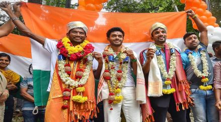 CWG 2022 triple jump gold medallist Eldhose Paul (centre), silver medallist Abdulla Aboobacker (right), steeplechase silver medal winner Avinash Sable (PTI Image)