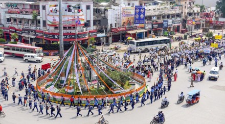 Students participate in ‘Tiranga Yatra', organised as part of 'Azadi Ka Amrit Mahotsav' celebrations to commemorate the 75th anniversary of India’s independence in Prayagraj (PTI Image)