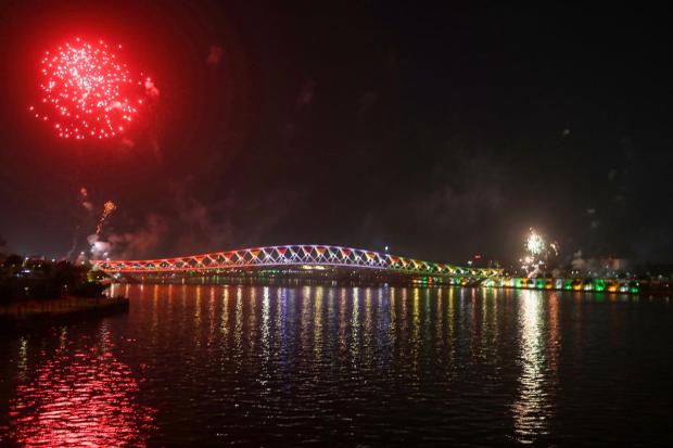 Fireworks at Atal Bridge over Sabarmati river during its inauguration, in Ahmedabad. (PTI Photo)