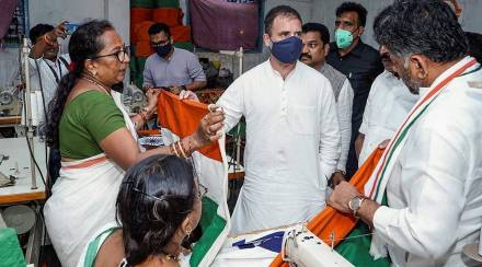 Gandhi's visit to the Hubbali unit came amid a row over the amendment made to the Indian Flag Code, 2002, in December last year. (PTI) Gandhi's visit to the Hubbali unit came amid a row over the amendment made to the Indian Flag Code, 2002, in December last year. (PTI)