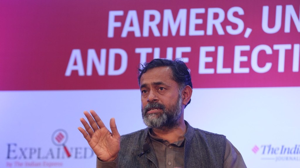 Swaraj India President Yogendra Yadav during Indian Express Explained event in 2019. (Express Photo by Amit Mehra.)