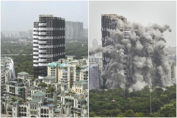 Noida Supertech twin tower demolition: The nearly 100-metre-high structures – taller than iconic Qutub Minar (73 metres) – were brought to the ground in seconds literally like a house of cards by the 'waterfall implosion' technique, in a breathtaking spectacle of modern day engineering. Let us take a look at some of the images: