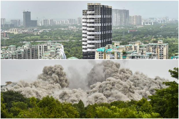 Image shows before and after of the Noida Supertech twin tower, which were brought to the ground in seconds. (PTI Photo)