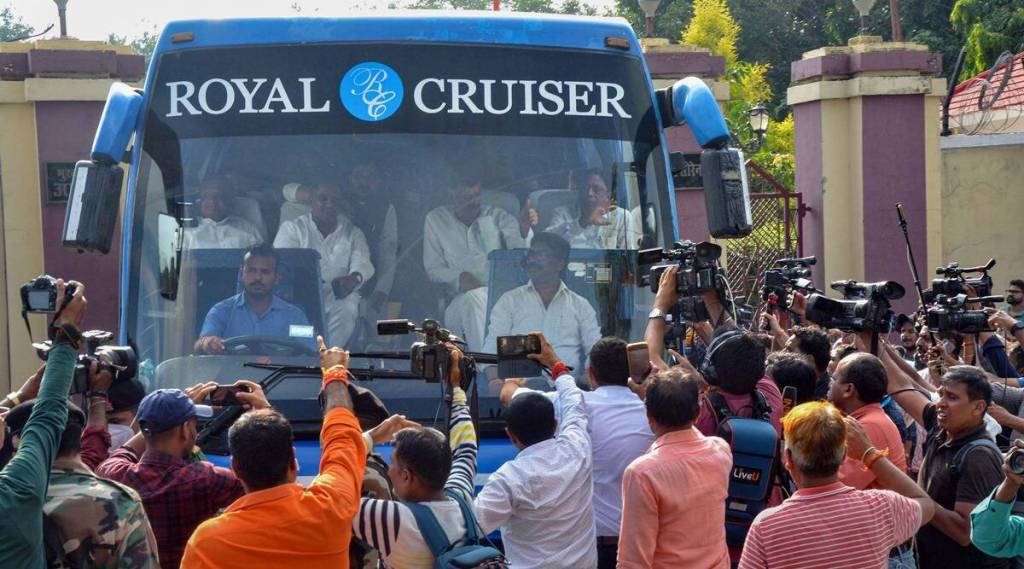 Jharkhand Chief Minister Hemant Soren with UPA MLAs leaves for Ranchi airport on way to Raipur amid speculation of his disqualification as an MLA, in Ranchi, Tuesday, Aug. 30, 2022. (PTI Photo)
