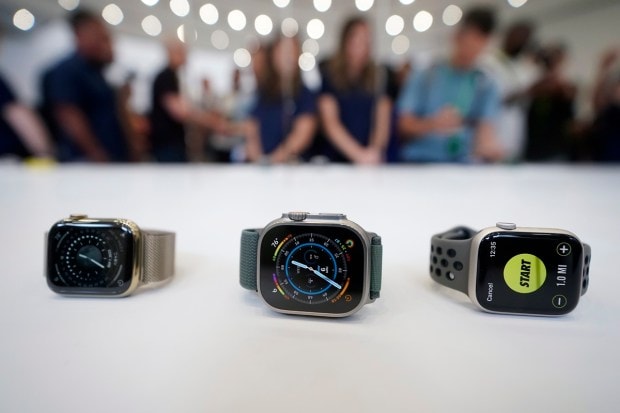 From left, an Apple Watch Series 8, Apple Watch Ultra and Apple Watch SE are on display at an Apple event on the campus of Apple's headquarters in Cupertino, Calif., Wednesday, Sept. 7, 2022. (AP Photo)