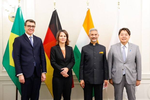 Dr S Jaishankar host the G-4 meeting of Foreign Ministers. Thank Ministers Carlos França, Yoshimasa Hayashi and  A Baerbock for attending. (Photo: Twitter/Dr S Jaishankar)