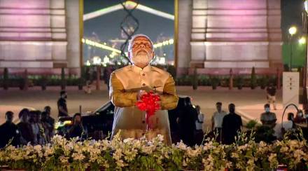 Made of granite and weighing nearly 280 metric tonnes, Netaji's statue has been installed at the same spot where King George V's marble statue once stood. (PTI) Made of granite and weighing nearly 280 metric tonnes, Netaji's statue has been installed at the same spot where King George V's marble statue once stood. (PTI)