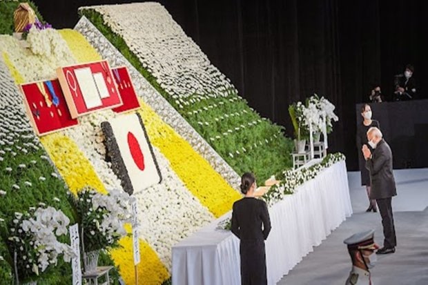 Prime Minister Narendra Modi pays homage at the State Funeral Ceremony of the former prime minister of Japan Shinzo Abe. (PTI Photo)