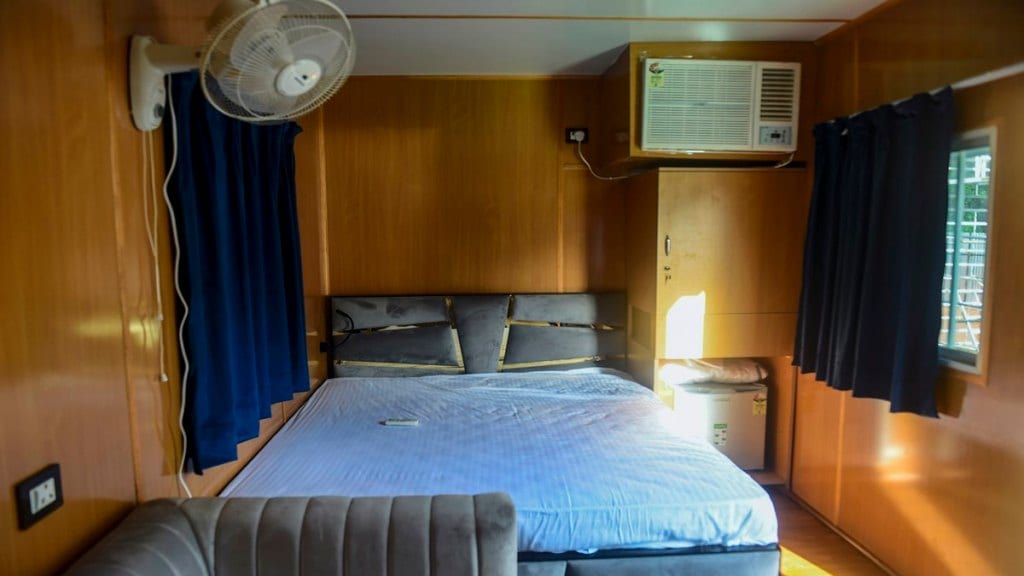 One of the rooms built inside a container for Congress leaders participating in Bharat Jodo Yatra in Nagercoil on September 9. (PTI Photo/Atul Yadav)