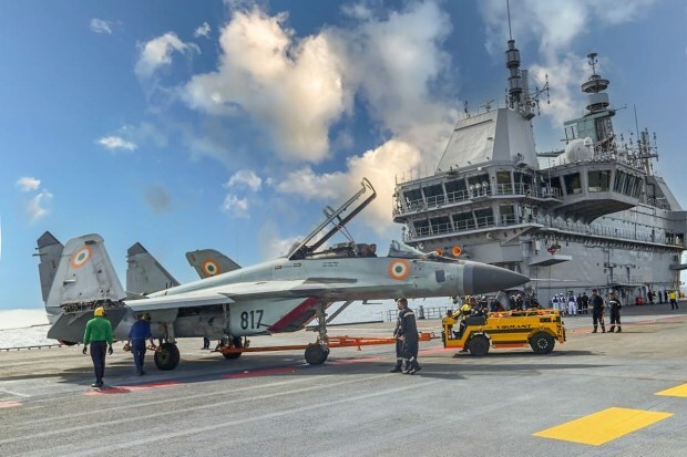 Kochi: In this undated file photo, an MIG-29K aircraft of the Indian Navy on the flight deck of the Indigenous Aircraft Carrier (IAC) Vikrant. IAC Vikrant will be commissioned by Prime Minister Narendra Modi on Sept. 2. (PTI Photo)