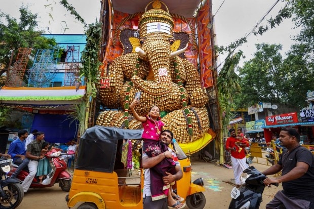 A Lord Ganesha idol made from kalasam coconut on display at a pandal on the occasiion of Ganesh Chaturthi festival, in Chennai. (PTI Photo)