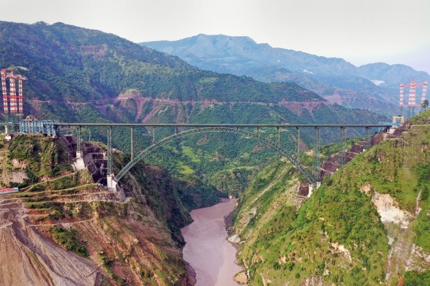Drone image of world's highest single-arch railway bridge over the Chenab river in Reasi district. (PTI Photo)