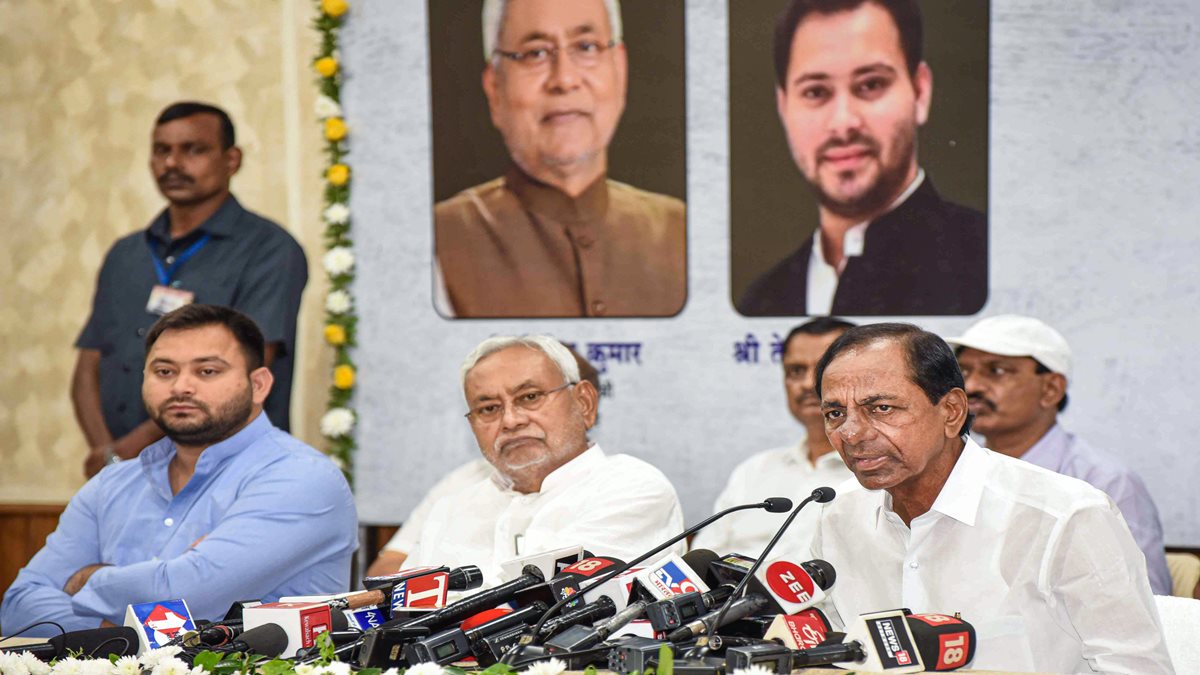 Telangana Chief Minister K Chandrasekhar Rao with Bihar CM Nitish Kumar and Dy CM Tejashwi Yadav addresses a press conference, in Patna. (PTI Photo) Telangana Chief Minister K Chandrasekhar Rao with Bihar CM Nitish Kumar and Dy CM Tejashwi Yadav addresses a press conference, in Patna. (PTI Photo)