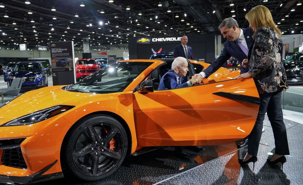 Biden hops into Corvette, declares Detroit 'back' at EV-focused auto show