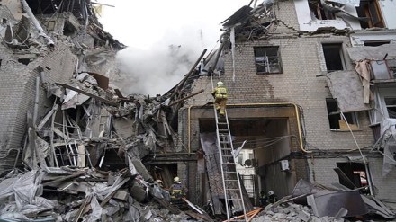 Ukrainian firefighters work in a destroyed building after the latest Russian rocket attack in center Kharkiv, Ukraine, Tuesday, Sept. 6, 2022. (AP/PTI)