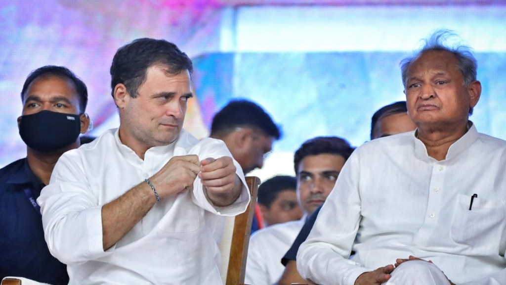 Congress leader Rahul Gandhi interacts with Rajasthan CM Ashok Gehlot in Ahmedabad. (Express photo by Nirmal Harindran/File)