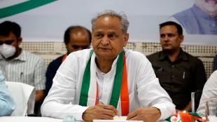 Rajashthan CM Ashok Gehlot along with other party leaders at Rajiv Gandhi Bhavan in Ahmedabad on Tuesday. Express photo/File.