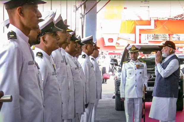 Kochi: Prime Minister Narendra Modi receives a Guard of Honour as he arrives for the commissioning ceremony of the first indigenously designed and built aircraft carrier, INS Vikrant, at Cochin Shipyard Limited in Kochi, Friday, Sept. 2, 2022. (PTI Photo)