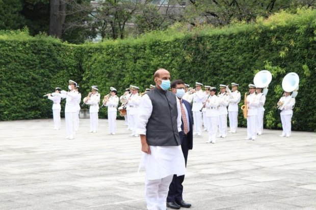 Raksha Mantri Shri Rajnath Singh laying a wreath at a Memorial, dedicated to the personnel of Japan Self Defense Forces who laid down their lives in the line of duty, at Ministry of Defense, Japan in Tokyo Image credits: Ministry of Defence