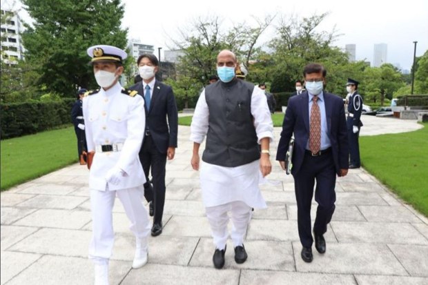 Raksha Mantri Shri Rajnath Singh laying a wreath at a Memorial, dedicated to the personnel of Japan Self Defense Forces who laid down their lives in the line of duty, at Ministry of Defense, Japan in Tokyo Image credits: Ministry of Defence