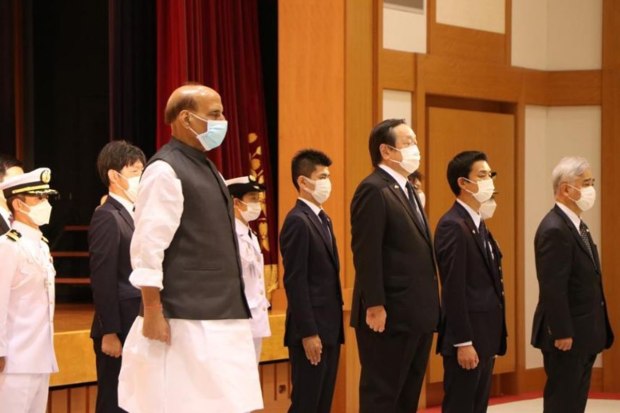Raksha Mantri Shri Rajnath Singh inspecting the ceremonial guard of honour before his bilateral meeting with Minister of Defense of Japan Mr Yasukazu Hamada in Tokyo. Image credits: Ministry of Defence
