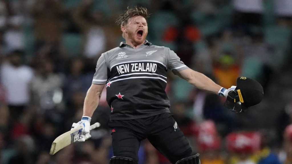New Zealand's Glenn Phillips celebrate making a century against Sri Lanka during their T20 World Cup Cricket match in Sydney, Australia (AP Photo)
