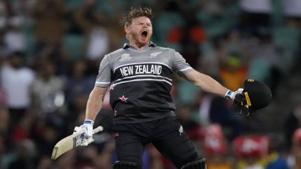 New Zealand's Glenn Phillips celebrate making a century against Sri Lanka during their T20 World Cup Cricket match in Sydney, Australia (AP Photo)