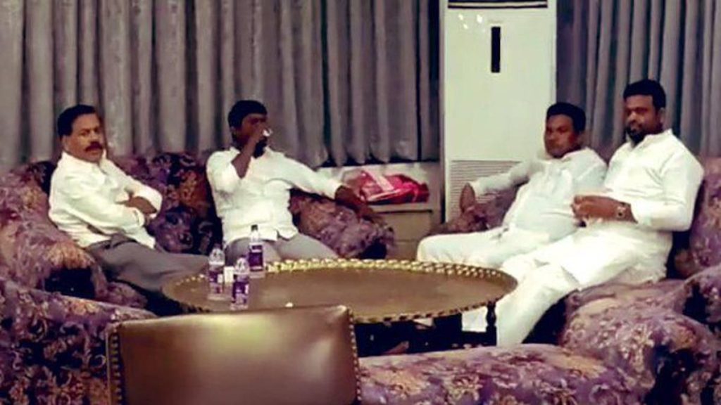 The four TRS MLAs who claimed that they were lured by the BJP to join the party. (Photo: Twitter/@ysathishreddy)
