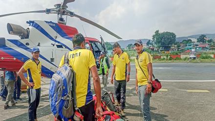 SDRF teams leave from Sahastradhara helipad to rescue the trainees trapped in an avalanche in Draupadi's Danda-2 mountain peak, in Dehradun district. (PTI Photo)