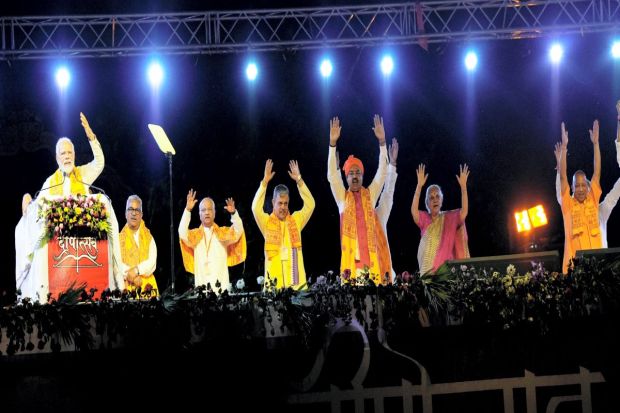 Prime Minister Narendra Modi speaks during Deepotsav celebrations, on the eve of the Diwali festival, in Ayodhya, Sunday, Oct. 23, 2022. Uttar Pradesh Governor Anandiben Patel, Chief Minister Yogi Adityanath and Deputy Chief Minister Brajesh Pathak are also seen.