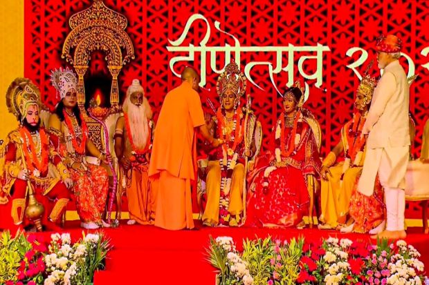 Prime Minister Narendra Modi with Uttar Pradesh Chief Minister Yogi Adityanath during Deepotsav celebrations, on the eve of the Diwali festival, in Ayodhya