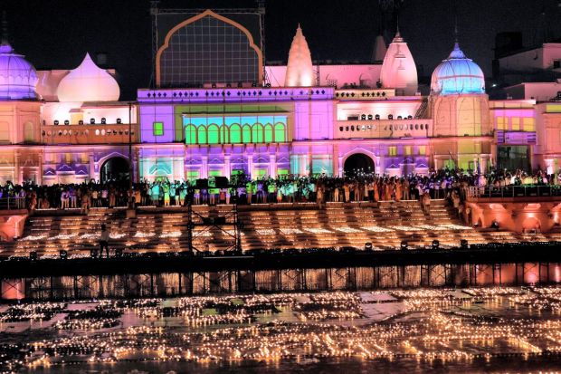 Ram Ki Paidi illuminated with earthen lamps during Deepotsav celebrations, on the eve of the Diwali festival, in Ayodhya