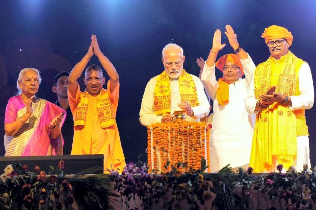 Prime Minister Narendra Modi with Uttar Pradesh Governor Anandiben Patel, Chief Minister Yogi Adityanath and Deputy Chief Minister Brajesh Pathak during Deepotsav celebrations, on the eve of the Diwali festival, in Ayodhya