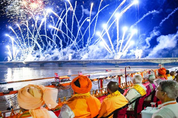 Prime Minister Narendra Modi with Uttar Pradesh Governor Anandiben Patel and Chief Minister Yogi Adityanath during Deepotsav celebrations